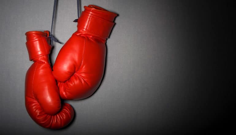 A pair of red boxing gloves hang on a wall.