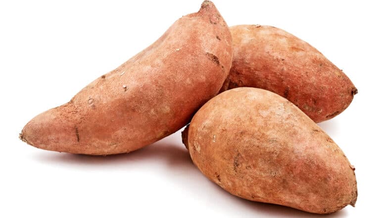 Three large yams on a white background.