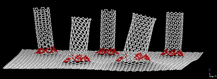 graphic illustration of carbon nanotubes bonded to graphene substrate