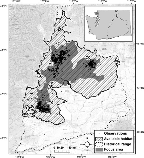 A map of sage grouse sightings in Eastern Washington