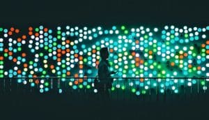 woman walking past colored lights