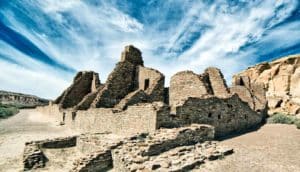 chaco ruins with blue sky in the background