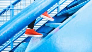 red shoes on blue stairs