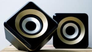 two speakers side-by-side