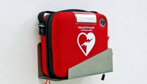 red AED on wall