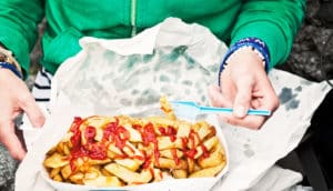 blue fork, lots of french fries