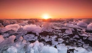 sunrise over ice chunks