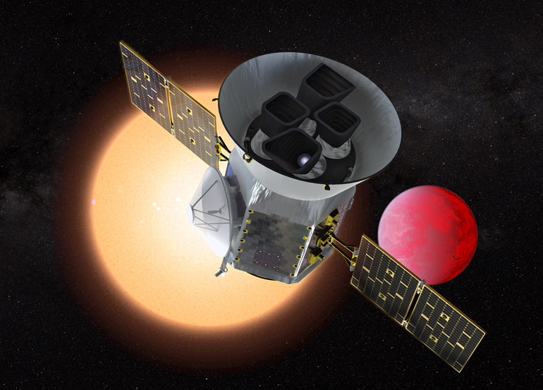 Illustration of TESS in front of a lava planet orbiting its host star