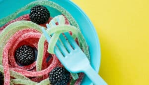 blue fork in candy spaghetti