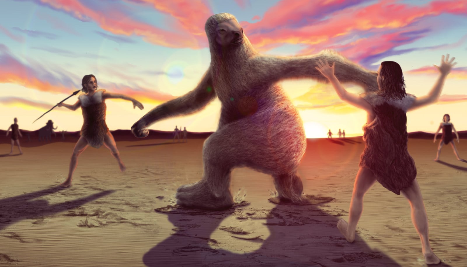 illustration of giant ground sloth and hunting humans