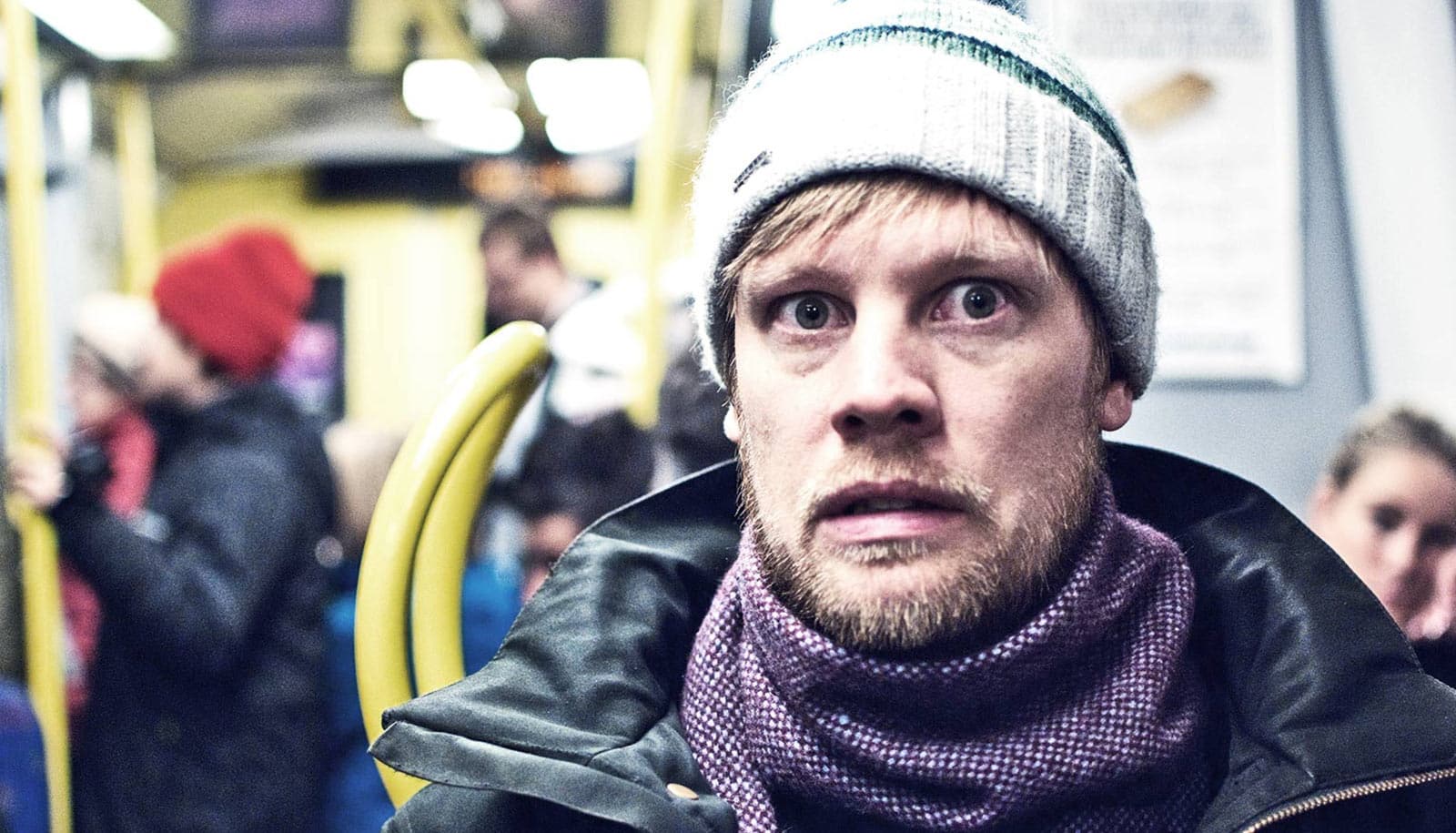 terrified man on train