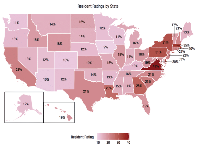us map shows where residents highly rate states in us history
