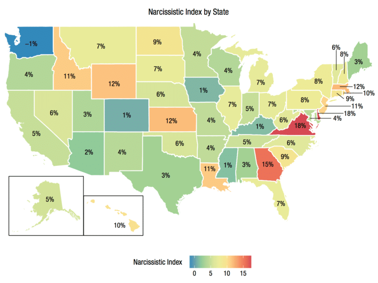 map shows narcissism index of each US state