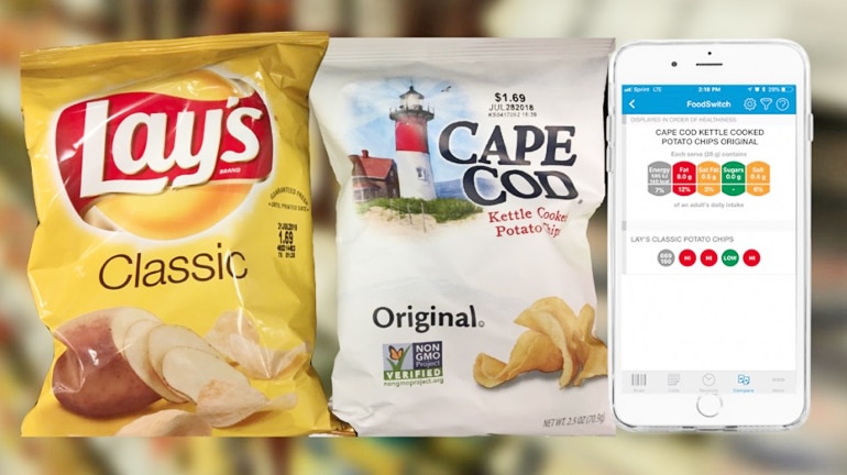 food switch app on phone w/bags of chips