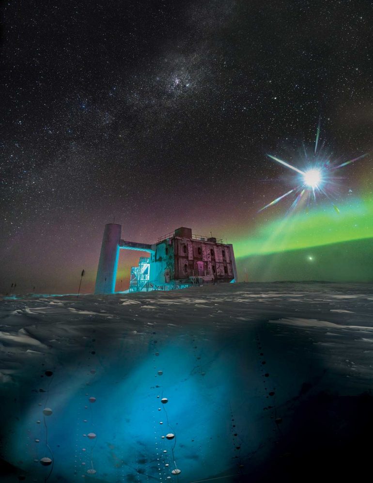 illustration of IceCube lab and neutrinos under ice