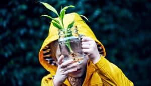 boy holding plant in jar