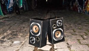 two speakers on street