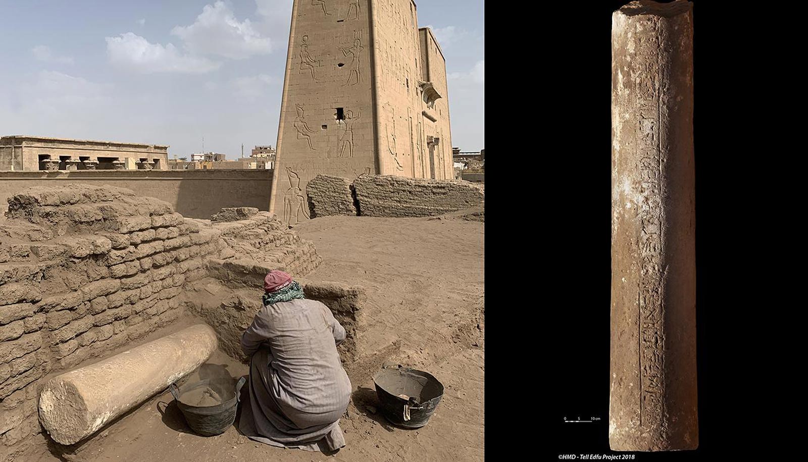 The column area under excavation (left) and the sandstone column inscribed with the name of the high priest of the temple of Horus, Amenmose (right).