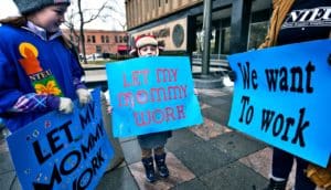 government workers protest with kids (government shutdown concept)