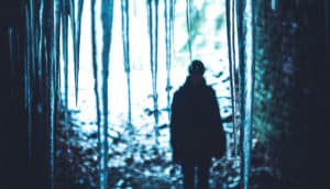 shadowy figure behind icicles