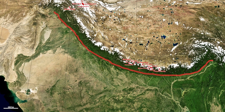 The main frontal thrust (red line) extends over the entire length of the Himalayas