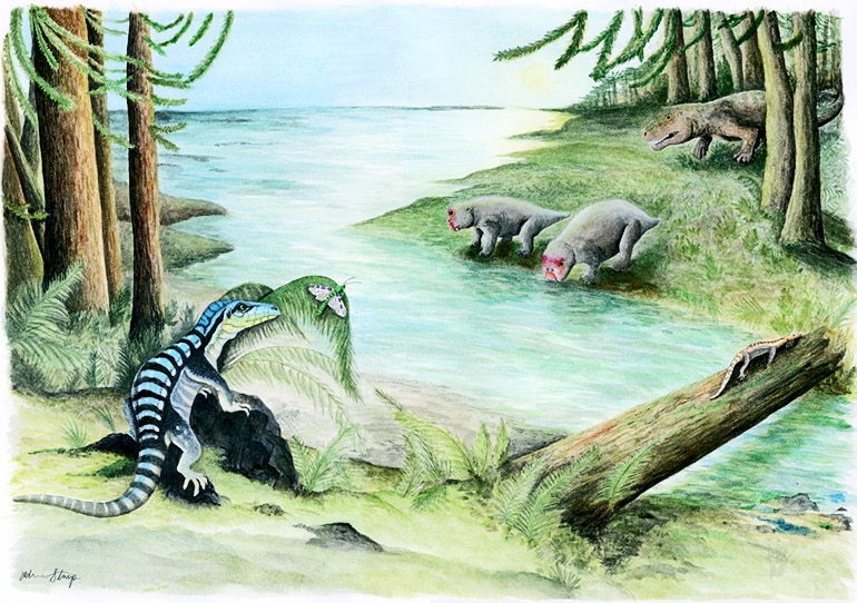 Illustration of three archosaur inhabitants