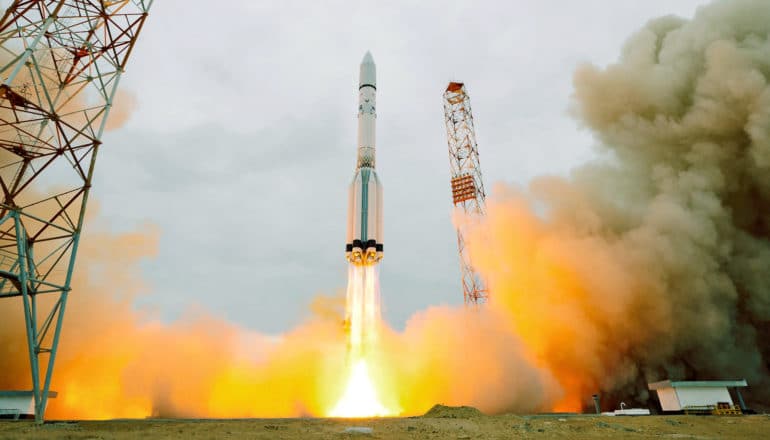 the ExoMars 2016 lifts off on a Proton-M rocket at Baikonur cosmodrome