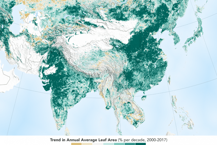 map shows green leaf area in China and India