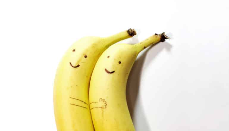 pair of spooning bananas with nice faces
