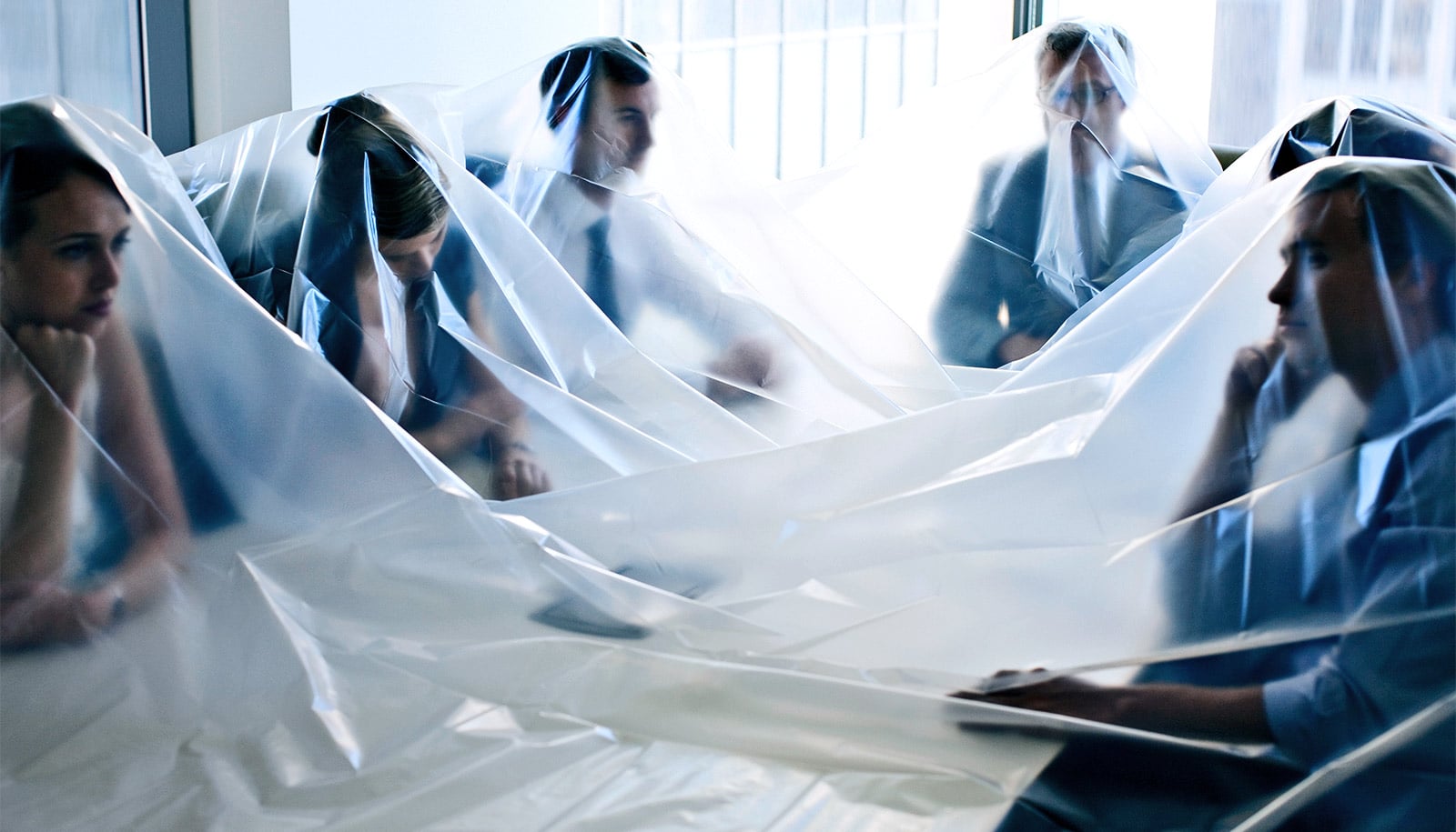 at work, under a tarp