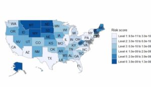 The map shows fire risk scores by state. The darker the color, the more at risk people are to structure fires.
