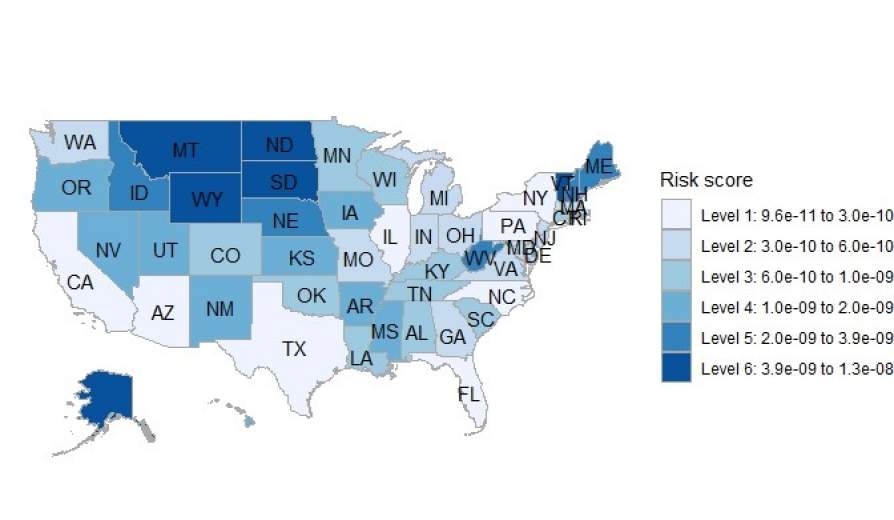 The map shows fire risk scores by state. The darker the color, the more at risk people are to structure fires.