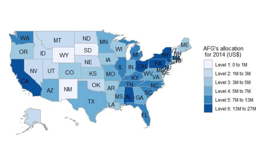 The map shows how much money states received via the federal Assistance to Firefighters Grant program in 2014.