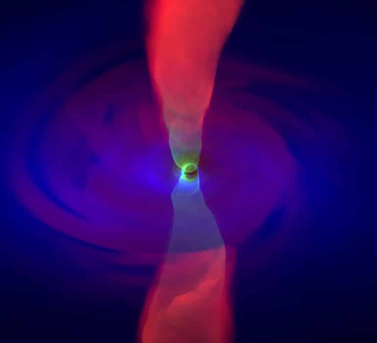 A simulated image by the University of Arizona shows the turbulent plasma in the extreme environment around a supermassive black hole.