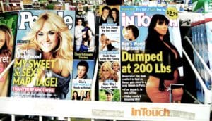 celebrities magazines on rack in store - fat-shaming of Kim K
