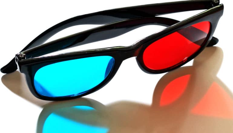 red and blue lenses in 3D glasses (political polarization concept)