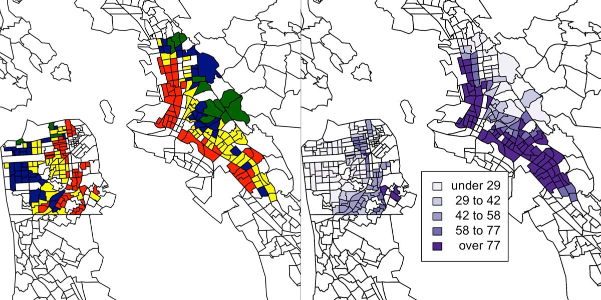 side-by-side maps of redlined neighborhoods and ER trips for asthma