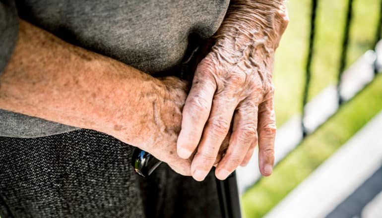hands of elderly person holding cane