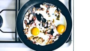 hot pan with breakfast food (Leidenfrost effect concept)
