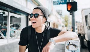 man laughing in surprise (integrated memory concept)