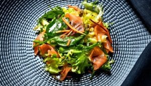 salad on black plate (magnetic fields concept)