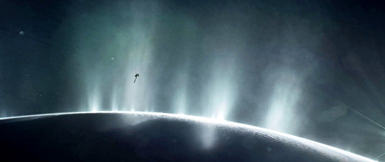 Illustration shows NASA’s Cassini spacecraft diving through the plume of Saturn’s moon Enceladus