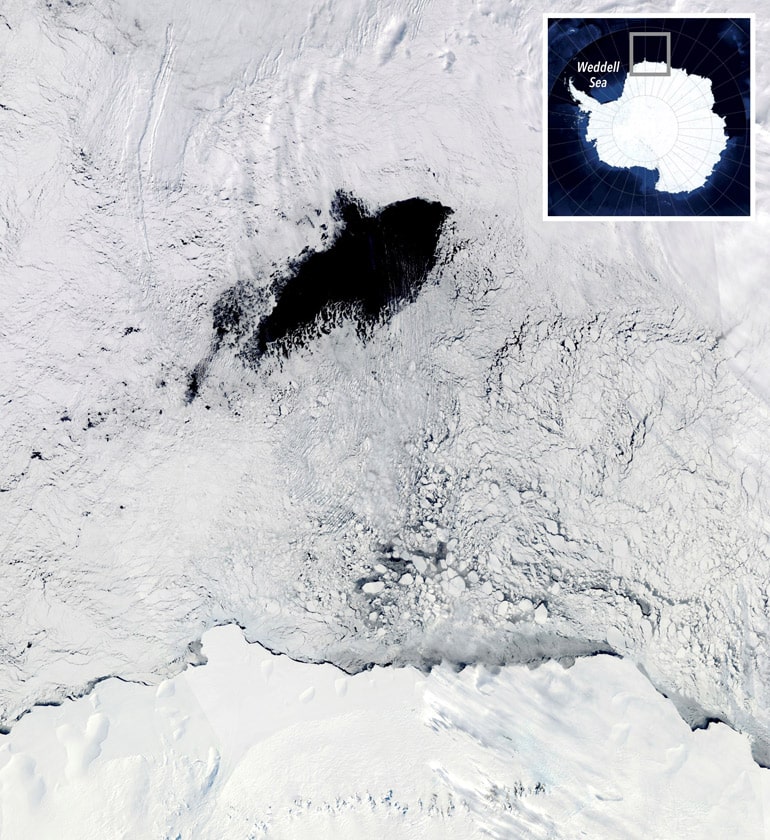 polynya - hole in ice and inset map of Antarctica