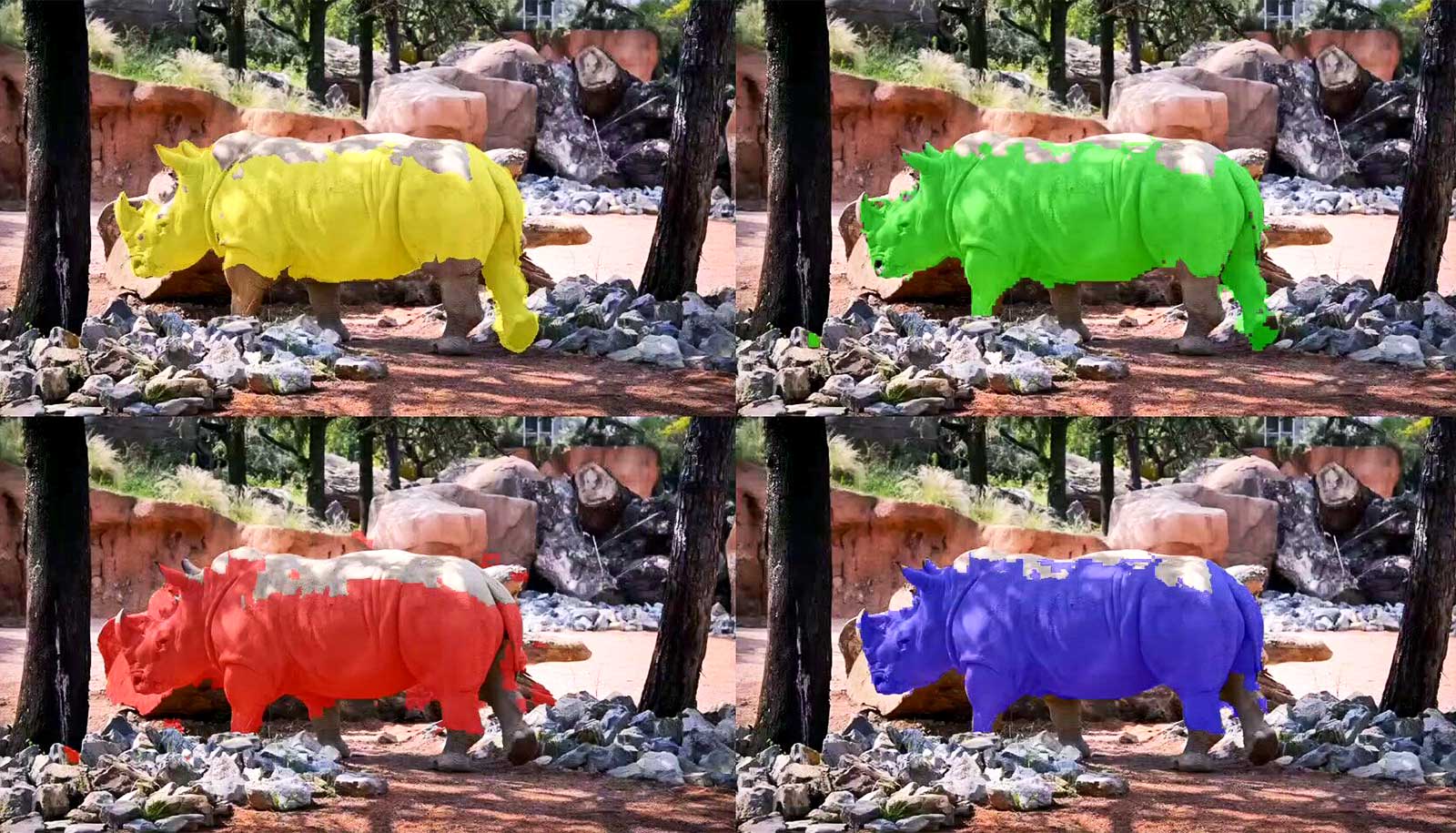 These four frames show how a video object segmentation algorithm performs
