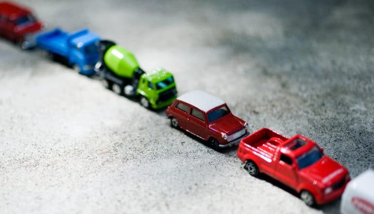 Toy cars in a row