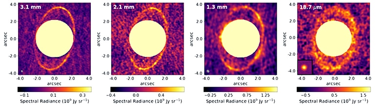 Images of the Uranian ring system captured at different wavelengths