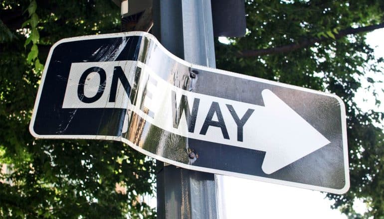 bent one way sign (quantum systems concept)