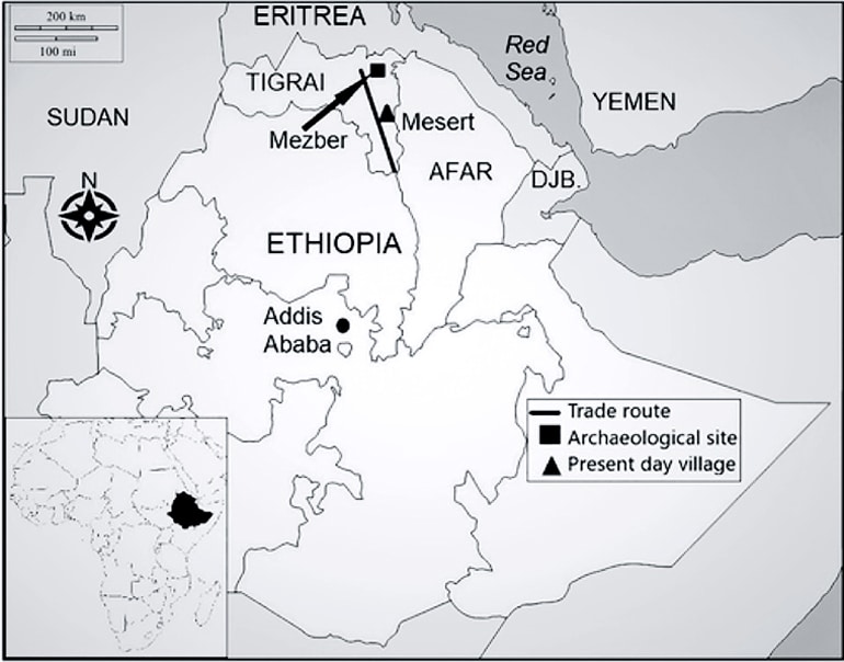 Map showing the Mezber site and the modern Mesert village, in northern Ethiopia