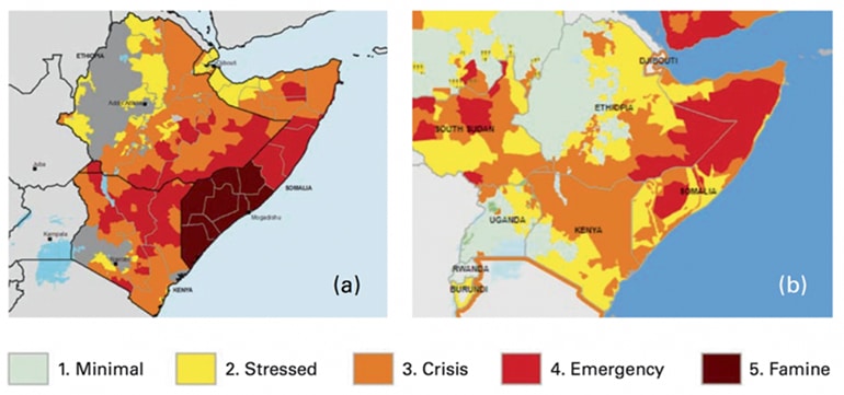 two maps show more intense drought outcome in East Africa in 2016 v. 2017