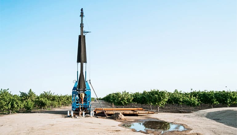 Groundwater well drilling equipment in California's Central Valley